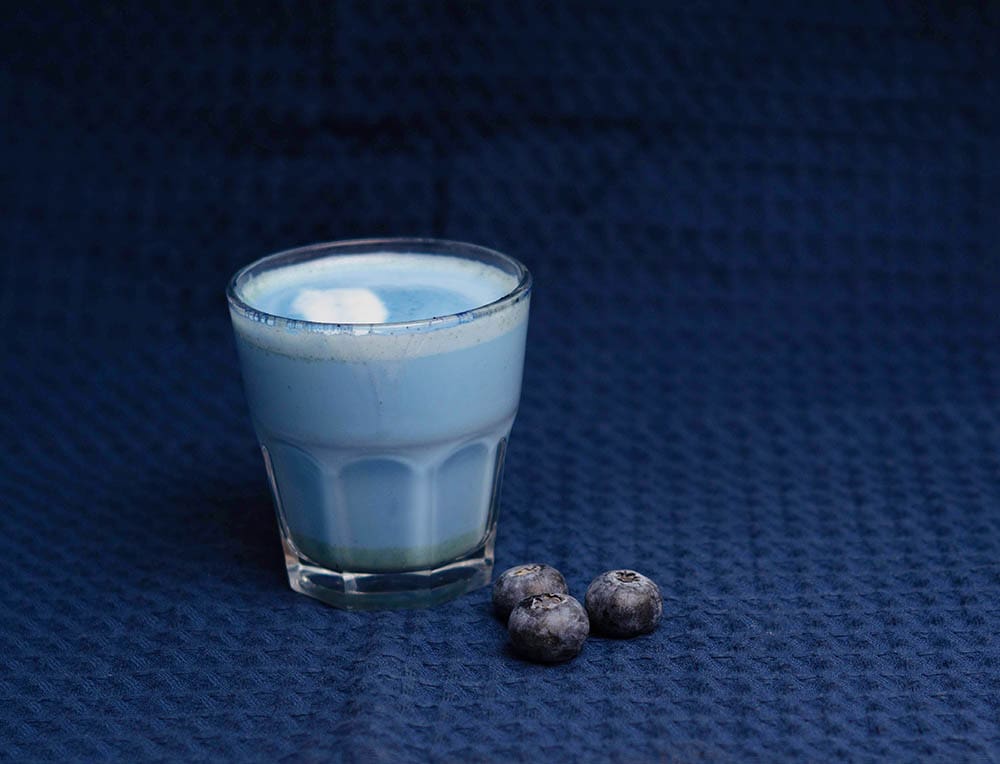 Healthy Homemade Blueberry Matcha Latte with Matcha Ice Cubes